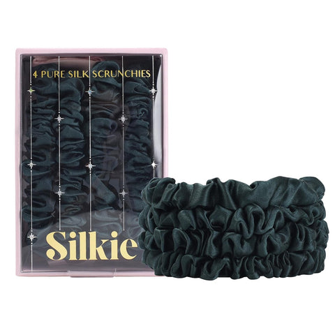 SILKIE X4 Set - Forget Satin - 100% Pure Mulberry Silk Black Brown Skinny Scrunchies Travel Pouch Everyday Hair Ties Elastics Hair Care Ponytail Holder No Damage (Chocolate)