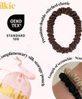 SILKIE X4 Set - Forget Satin - 100% Pure Mulberry Silk Black Brown Skinny Scrunchies Travel Pouch Everyday Hair Ties Elastics Hair Care Ponytail Holder No Damage (Chocolate)