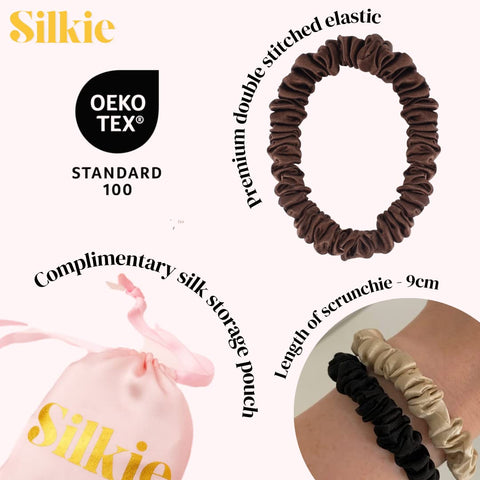 SILKIE X4 Set - Forget Satin - 100% Pure Mulberry Silk Black Brown Skinny Scrunchies Travel Pouch Everyday Hair Ties Elastics Hair Care Ponytail Holder No Damage (Chocolate)