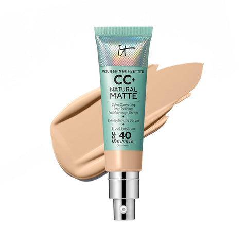 IT Cosmetics CC+ Cream Natural Matte Foundation with SPF 40 - Shine-Reducing & Long-Wear Full Coverage Foundation for Oily Skin - with Hyaluronic Acid - Fragrance Free & Non-Comedogenic - 1.08 Fl Oz