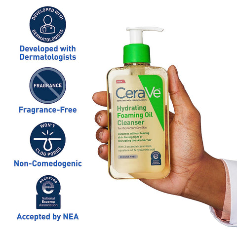 Cerave Hydrating Foaming Oil Cleanser | Moisturizing Oil Cleanser for Face & Body | Squalane Oil + Hyaluronic Acid + Ceramides | for Dry to Very Dry Skin | Fragrance Free & Residue Free | 19 FL Oz