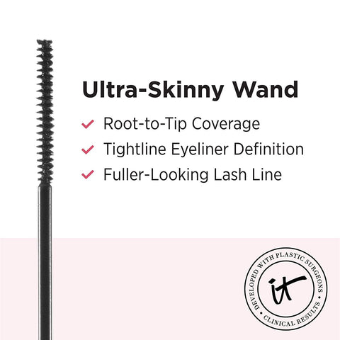 IT Cosmetics Tightline 3-In-1 Lash Primer, Eyeliner & Black Mascara - Lengthens & Conditions Lashes - Ultra-Skinny Wand - Infused with Collagen, Biotin, Peptides & Antioxidants - 0.12 Fl Oz