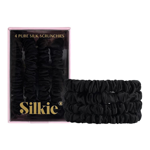 SILKIE X4 Set - Forget Satin - 100% Pure Mulberry Silk Black Brown Skinny Scrunchies Travel Pouch Everyday Hair Ties Elastics Hair Care Ponytail Holder No Damage (Chocolate)