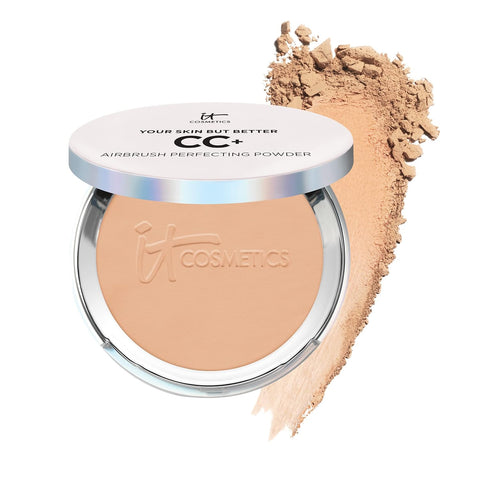 IT Cosmetics CC+ Airbrush Perfecting Powder Foundation - Buildable Full Coverage of Pores & Dark Spots - Hydrating Face Makeup with Hydrolyzed Collagen & Niacinamide - 0.33 Oz