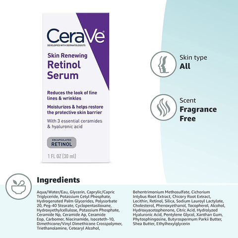 Cerave anti Aging Retinol Serum | Cream Serum for Smoothing Fine Lines and Skin Brightening | with Retinol, Hyaluronic Acid, Niacinamide, and Ceramides | 1 Ounce