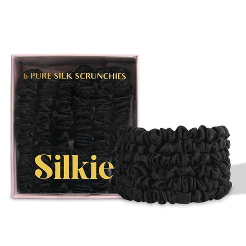 SILKIE X4 Set - Forget Satin - 100% Pure Mulberry Silk Black Brown Skinny Scrunchies Travel Pouch Everyday Hair Ties Elastics Hair Care Ponytail Holder No Damage (Chocolate)