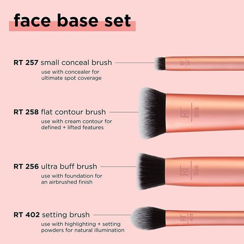 Real Techniques 4 Piece Face Base Makeup Brush Set, for Concealer, Foundation, Contour, & Setting Powder, Makeup Brushes for Blending & Buffing, & Sculpting, Travel Friendly, Gift Set, Cruelty-Free