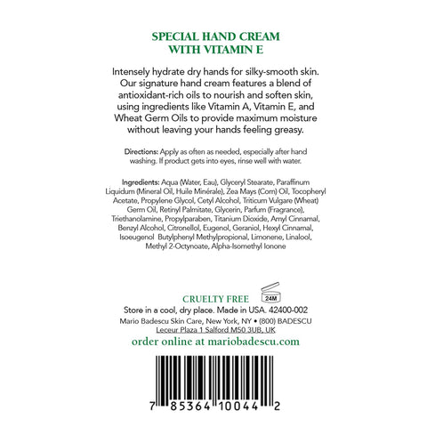 Mario Badescu Hand Cream with Vitamin E for Dry Cracked Hands, Moisturizing, Light and Fast-Absorbing, Ideal for All Skin Types