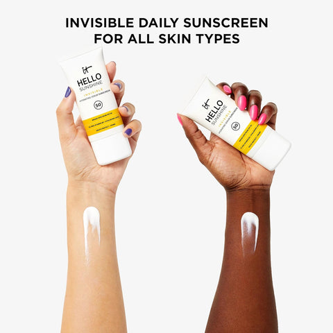 IT Cosmetics Hello Sunshine Invisible Sunscreen for Face SPF 50 - Sunscreen, Hydrating Serum & Makeup Primer - 1% Pro-Vitamin B5 & Hyaluronic Acid - HSA/FSA Eligible - No White Cast - 1.69 Fl Oz