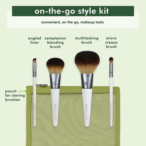 Ecotools On-The-Go Makeup Brush Kit, Travel-Friendly Brush Set, Mini-Size Makeup Tools for Powders, Blush, Bronzer, & Eyeshadows, Eco-Friendly, Synthetic Bristles, Cruelty-Free & Vegan, 5 Piece Set