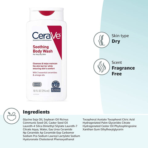 Cerave Soothing Body Wash for Dry Skin | Shower Oil for Sensitive, Dry, Itchy, and Eczema-Prone Skin | Fragrance Free & Paraben Free & Sulfate Free | 10 Oz