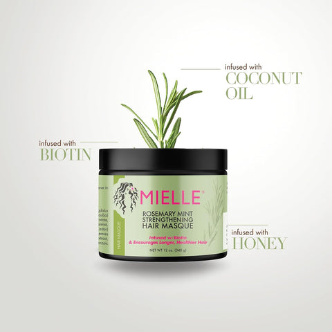 Mielle Organics Rosemary Mint Strengthening Hair Masque, Essential Oil & Biotin Deep Treatment, Miracle Repair for Dry, Damaged, & Frizzy Hair, 12 Ounces