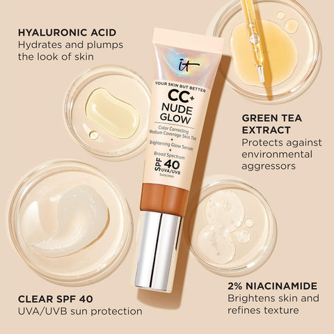 IT Cosmetics CC+ Nude Glow Lightweight Foundation + Glow Serum with SPF 40 - with Niacinamide, Hyaluronic Acid & Green Tea Extract - 1.08 Fl Oz