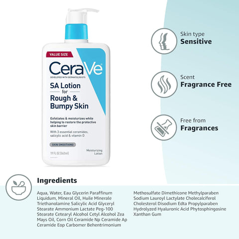 Cerave SA Lotion for Rough & Bumpy Skin | Vitamin D, Hyaluronic Acid, Lactic Acid, Niacinamide & Salicylic Acid Lotion | Rough and Bumpy Skin Lotion |Gentle Exfoliating Body Lotion | 19 Ounce