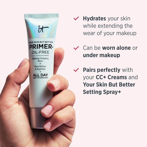 IT Cosmetics Your Skin but Better Makeup Primer+ - Extends Makeup Wear, Hydrates Skin, Refines the Look of Pores - with Glycerin, Bark Extract & Ginger Root Extract - Oil-Free Formula - 1 Fl Oz