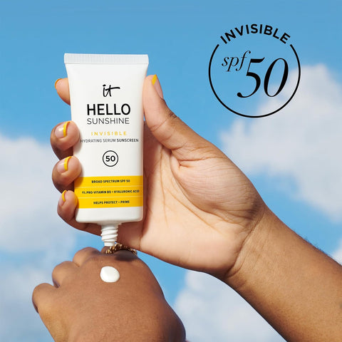 IT Cosmetics Hello Sunshine Invisible Sunscreen for Face SPF 50 - Sunscreen, Hydrating Serum & Makeup Primer - 1% Pro-Vitamin B5 & Hyaluronic Acid - HSA/FSA Eligible - No White Cast - 1.69 Fl Oz