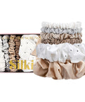 SILKIE X4 Set - Forget Satin - 100% Pure Mulberry Silk Black Brown Skinny Scrunchies Travel Pouch Everyday Hair Ties Elastics Hair Care Ponytail Holder No Damage (Chocolate)