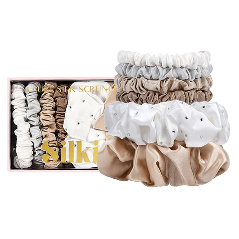 SILKIE X4 Set - Forget Satin - 100% Pure Mulberry Silk Black Brown Skinny Scrunchies Travel Pouch Everyday Hair Ties Elastics Hair Care Ponytail Holder No Damage (Chocolate)