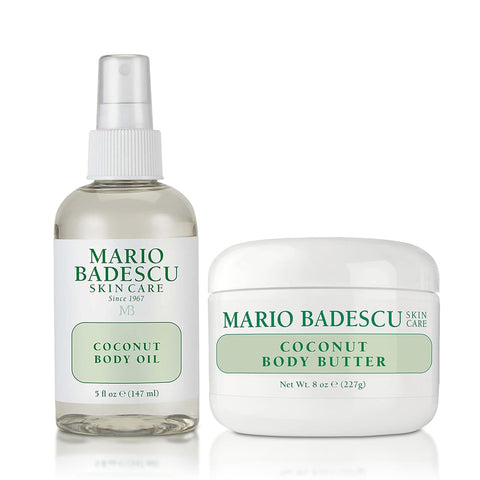 Mario Badescu Coconut Body Butter & Body Oil Set | Moisturizing Body Butter with Shea Butter + Lightweight Hydrating Body Oil with Coconut Oil | 8 Oz & 5 Fl Oz