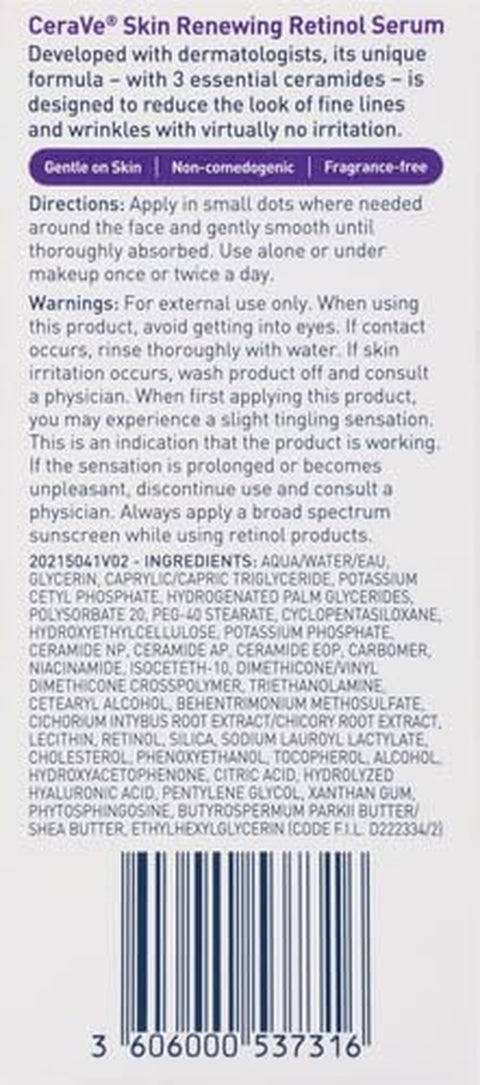 Cerave anti Aging Retinol Serum | Cream Serum for Smoothing Fine Lines and Skin Brightening | with Retinol, Hyaluronic Acid, Niacinamide, and Ceramides | 1 Ounce