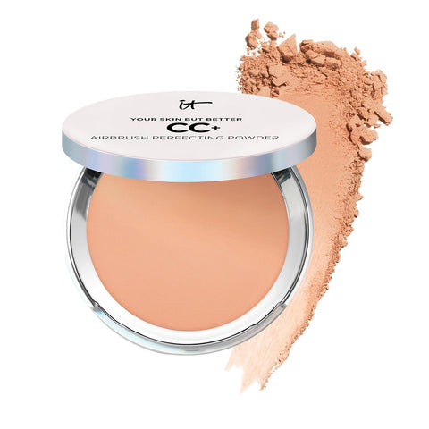 IT Cosmetics CC+ Airbrush Perfecting Powder Foundation - Buildable Full Coverage of Pores & Dark Spots - Hydrating Face Makeup with Hydrolyzed Collagen & Niacinamide - 0.33 Oz