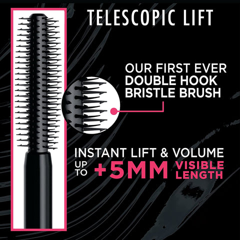 Telescopic Lift Mascara, Lengthening and Volumizing Eye Makeup, Lash Lift with up to 36HR Wear, Washable, Blackest Black, 0.33 Fl Oz