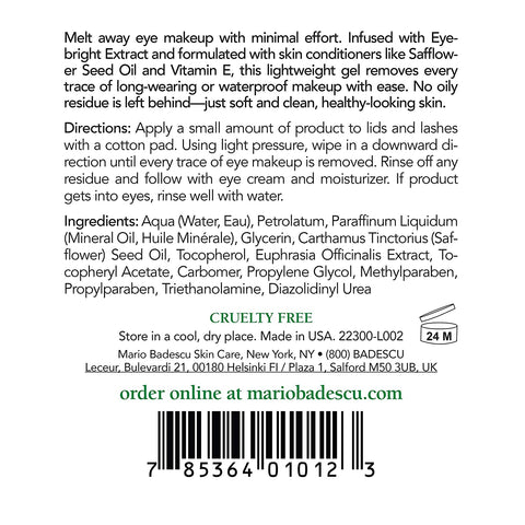 Mario Badescu Eye Makeup Remover Gel Ideal for Combination or Oily Skin Lightweight, Non-Greasy Waterproof Eye Make up Cleanser Formulated with Safflower Seed Oil