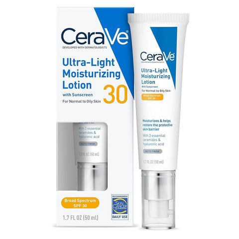 Cerave Ultra-Light Moisturizing Lotion with SPF 30| Daily Face Moisturizer with SPF | Formulated with Hyaluronic Acid & Ceramides | Broad Spectrum SPF | Oil Free | Matte Finish | 1.7 Ounce