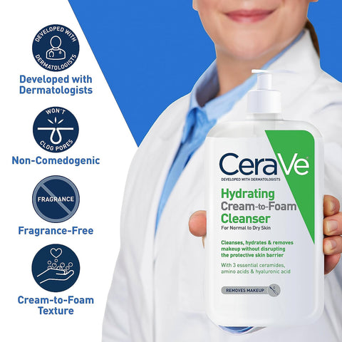 Cerave Hydrating Cream to Foam Cleanser | Makeup Remover Face Wash for Dry Skin | Foaming Facial Cleanser with Hyaluronic Acid | Normal to Dry Skin | Fragrance Free & Non Comedogenic | 19 Fluid Ounce