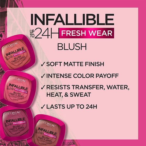 Infallible up to 24H Fresh Wear Soft Matte Blush, Blendable, Long-Lasting and Waterproof Cheek Make Up, Confident Pink 10, 0.31 Oz