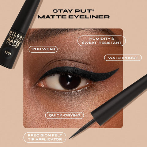 Milani Stay Put Matte Liquid Eyeliner - Black, Waterproof, 17H Wear, Cruelty-Free, Vegan, Smudgeproof, Long Lasting