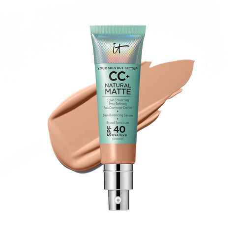 IT Cosmetics CC+ Cream Natural Matte Foundation with SPF 40 - Shine-Reducing & Long-Wear Full Coverage Foundation for Oily Skin - with Hyaluronic Acid - Fragrance Free & Non-Comedogenic - 1.08 Fl Oz