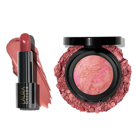 LAURA GELLER NEW YORK Baked Blush-N-Brighten Blush, Pink Buttercream + Modern Classic Cream Lipstick, Pink Passion