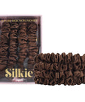 SILKIE X4 Set - Forget Satin - 100% Pure Mulberry Silk Black Brown Skinny Scrunchies Travel Pouch Everyday Hair Ties Elastics Hair Care Ponytail Holder No Damage (Chocolate)