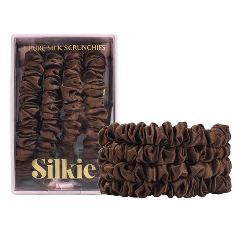 SILKIE X4 Set - Forget Satin - 100% Pure Mulberry Silk Black Brown Skinny Scrunchies Travel Pouch Everyday Hair Ties Elastics Hair Care Ponytail Holder No Damage (Chocolate)