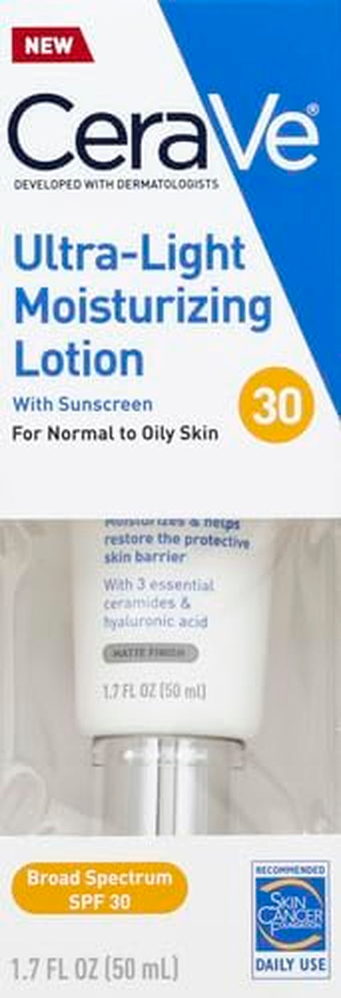 Cerave Ultra-Light Moisturizing Lotion with SPF 30| Daily Face Moisturizer with SPF | Formulated with Hyaluronic Acid & Ceramides | Broad Spectrum SPF | Oil Free | Matte Finish | 1.7 Ounce