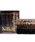 SILKIE X4 Set - Forget Satin - 100% Pure Mulberry Silk Black Brown Skinny Scrunchies Travel Pouch Everyday Hair Ties Elastics Hair Care Ponytail Holder No Damage (Chocolate)