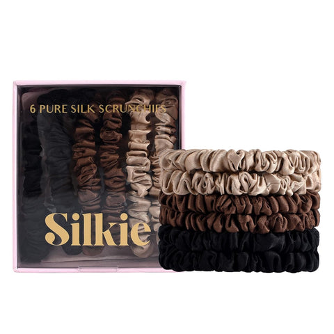 SILKIE X4 Set - Forget Satin - 100% Pure Mulberry Silk Black Brown Skinny Scrunchies Travel Pouch Everyday Hair Ties Elastics Hair Care Ponytail Holder No Damage (Chocolate)