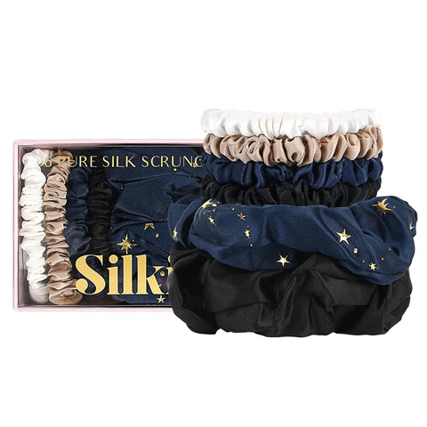 SILKIE X4 Set - Forget Satin - 100% Pure Mulberry Silk Black Brown Skinny Scrunchies Travel Pouch Everyday Hair Ties Elastics Hair Care Ponytail Holder No Damage (Chocolate)