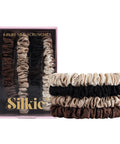 SILKIE X4 Set - Forget Satin - 100% Pure Mulberry Silk Black Brown Skinny Scrunchies Travel Pouch Everyday Hair Ties Elastics Hair Care Ponytail Holder No Damage (Chocolate)