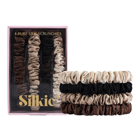 SILKIE X4 Set - Forget Satin - 100% Pure Mulberry Silk Black Brown Skinny Scrunchies Travel Pouch Everyday Hair Ties Elastics Hair Care Ponytail Holder No Damage (Chocolate)