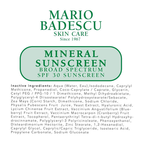 Mario Badescu Mineral Sunscreen SPF 30 for All Skin Types | Reef Safe, Oil-Free Moisturizer Formulated with Zinc Oxide, Hyaluronic Acid & Antioxidants | 1.5 Fl Oz