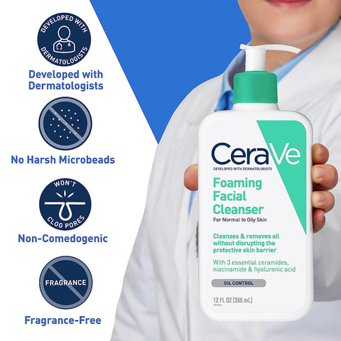 Cerave Foaming Facial Cleanser | Daily Face Wash for Oily Skin with Hyaluronic Acid, Ceramides, and Niacinamide| Fragrance Free | 16 Fluid Ounce