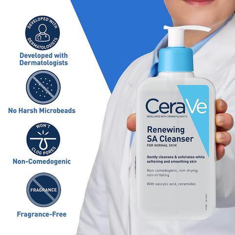 Cerave SA Cleanser | Salicylic Acid Cleanser with Hyaluronic Acid, Niacinamide & Ceramides| BHA Exfoliant for Face | Fragrance Free Non-Comedogenic | 16 Ounce