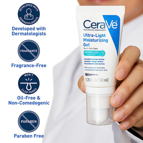 Cerave Ultra-Light Moisturizing Gel | Hydrating Gel Face Moisturizer with Ceramides, Niacinamide, Hyaluronic Acid | Fragrance Free | Oil-Free | Weightless Mattifying Moisturizer | 1.75 FL Oz