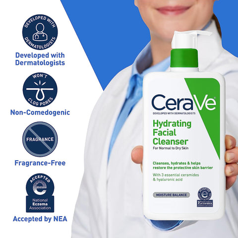 Cerave Hydrating Facial Cleanser | Moisturizing Face Wash for Dry Skin | Hyaluronic Acid + Ceramides + Glycerin | Hydrating Cleanser for Normal to Dry Skin | National Eczema Assosiation Certified