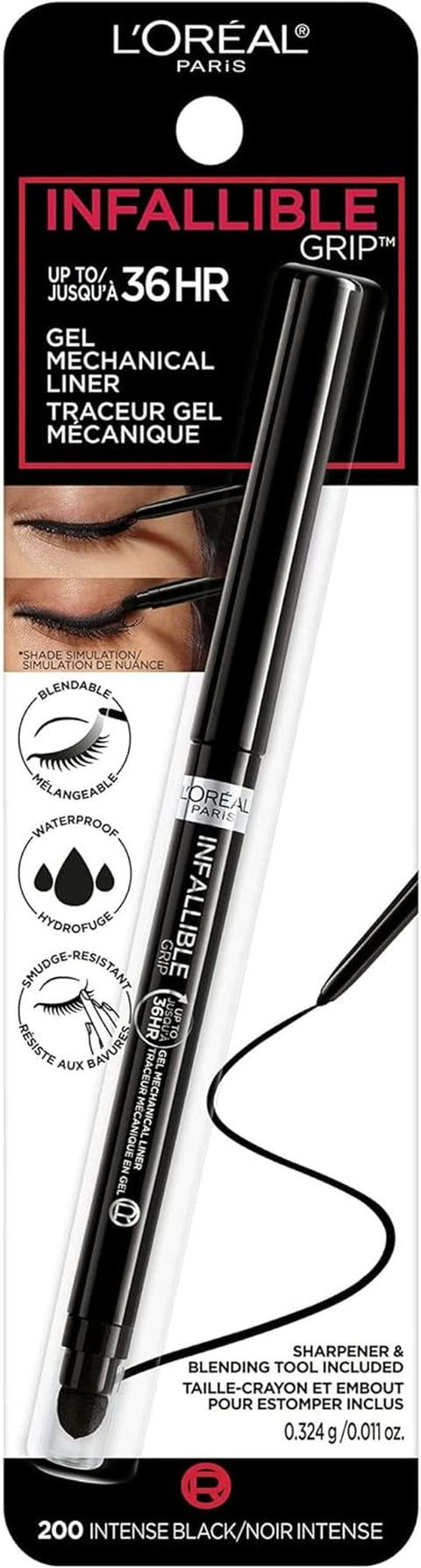 Infallible Grip Mechanical Gel Eyeliner Pencil, Smudge-Resistant, Waterproof Eye Makeup with up to 36HR Wear, Intense Black, 0.01 Oz