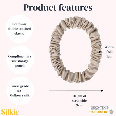 SILKIE X4 Set - Forget Satin - 100% Pure Mulberry Silk Black Brown Skinny Scrunchies Travel Pouch Everyday Hair Ties Elastics Hair Care Ponytail Holder No Damage (Chocolate)