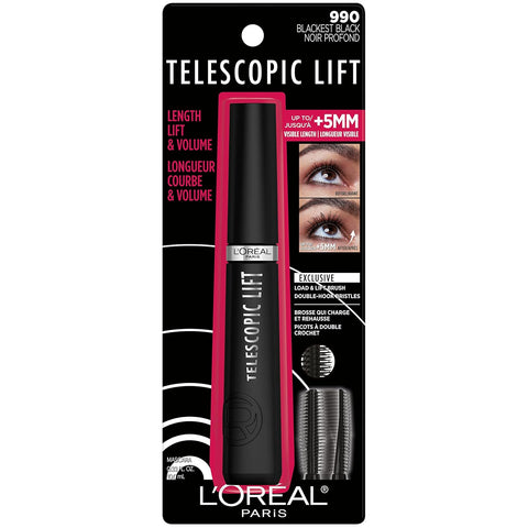 Telescopic Lift Mascara, Lengthening and Volumizing Eye Makeup, Lash Lift with up to 36HR Wear, Washable, Blackest Black, 0.33 Fl Oz