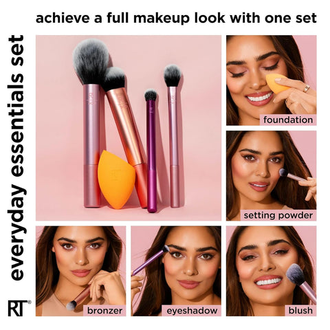 Real Techniques Makeup Brush Set with 2 Sponge Blenders, Multiuse Brushes, for Eyeshadow, Foundation, Blush, Highlighter, and Concealer, 6 Piece Makeup Brush Set